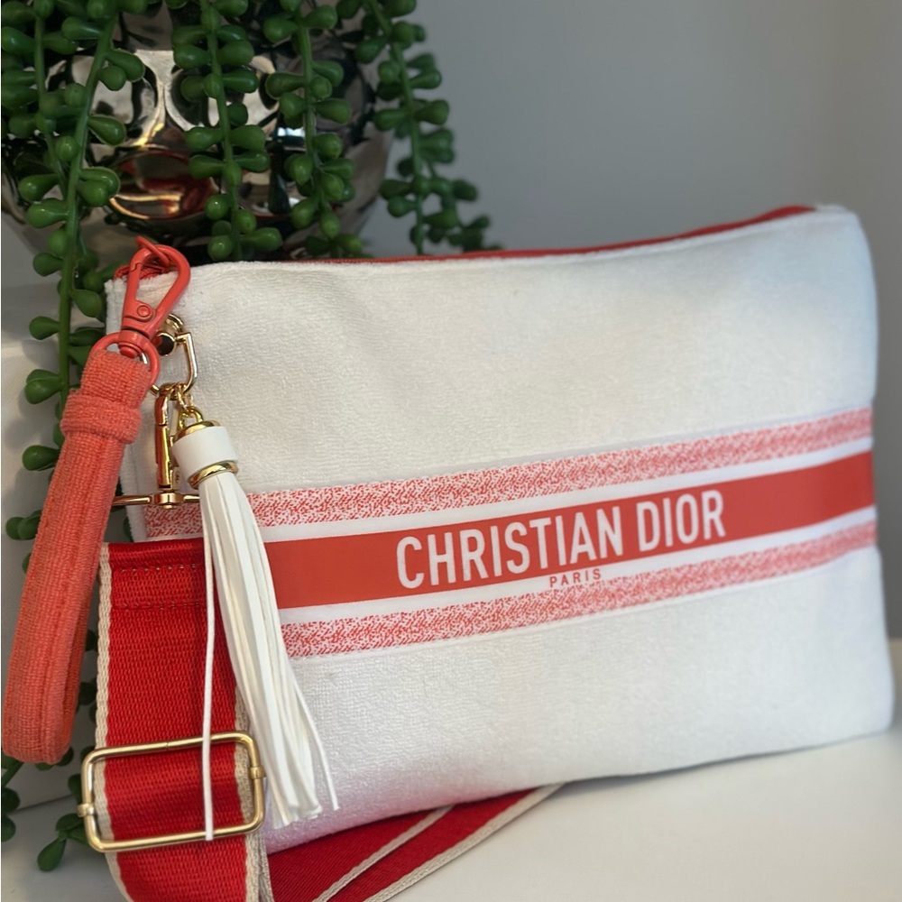 Dior White Canvas Cosmetic Pouch with Red Accent and Strap - Picture 4 of 8
